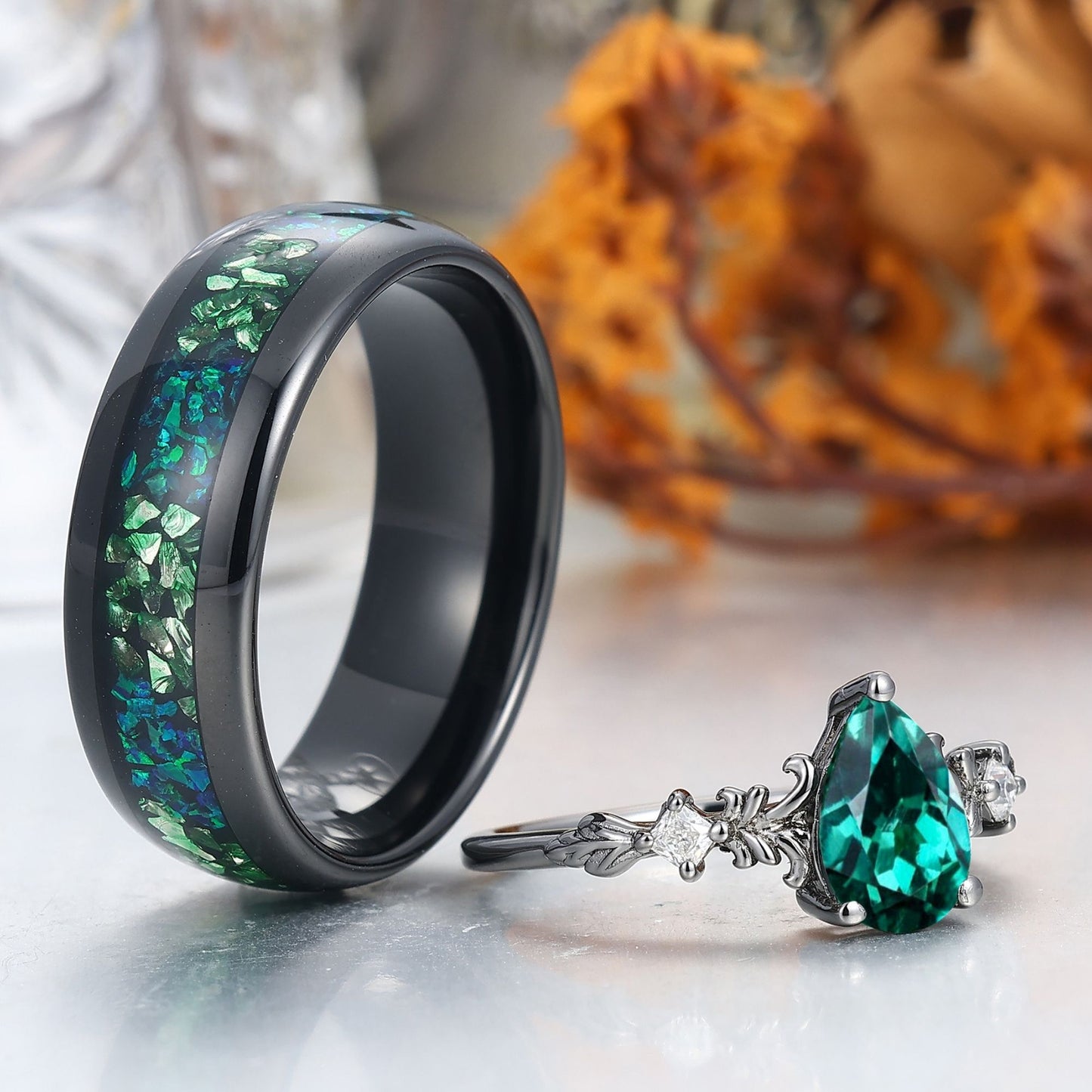 Gorgeous Pear Cut Emerald Couple Rings Green His And Hers Matching Ring Set