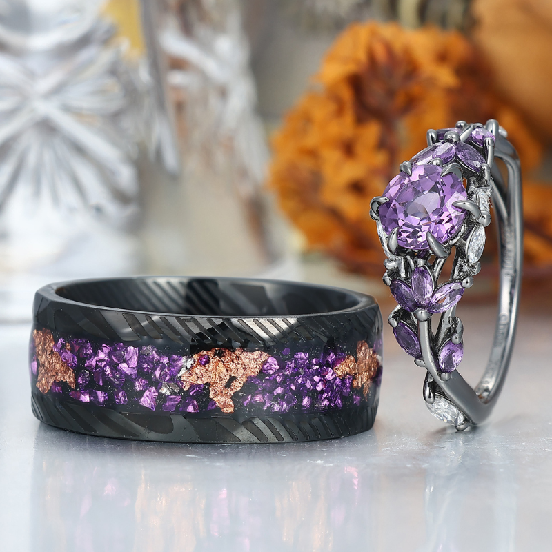 Amethyst and Black Damascus Steel Wedding Bands Matching Ring Set for Couples