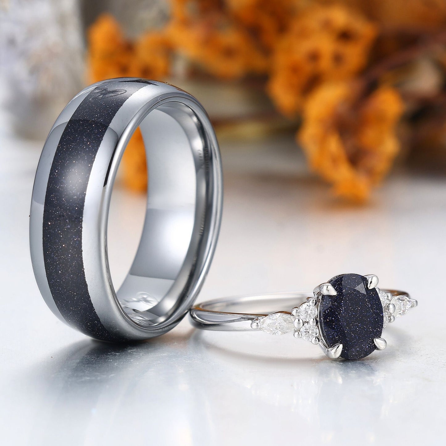 Nebula Blue Sandstone Couple Ring Dark Blue S925 And Tungsten Matching Ring