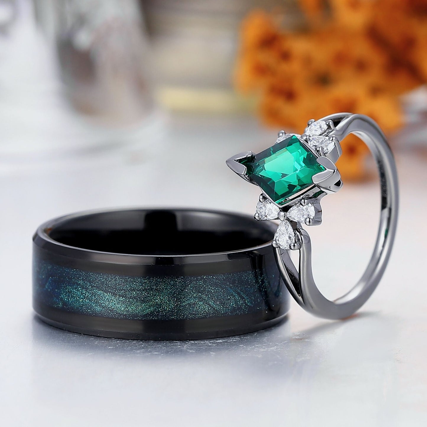 Artsy Rhombus Emerald Petal Couple Rings Matching Unique Tungsten His And Hers Ring