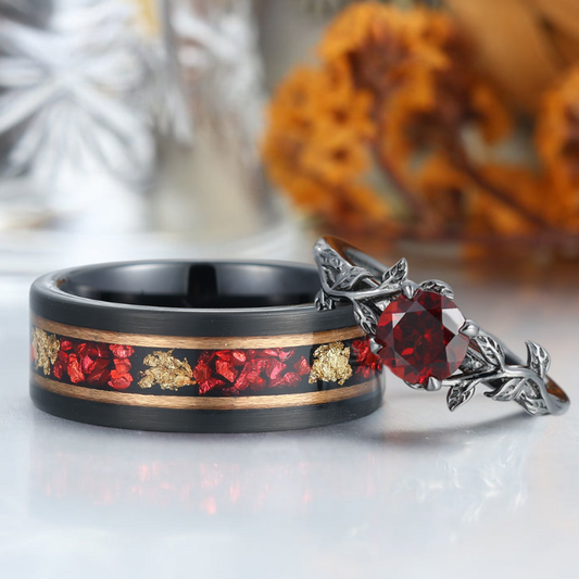 Solitaire Round Cut Natural Red Garnet Leaves Engagement Couples Rings Anniversary Wedding Band