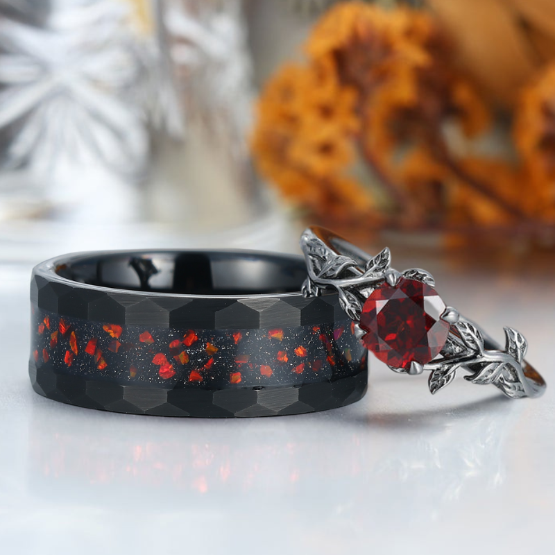 Minimalist 0.8CT Round Cut Natural Red Garnet Leaves Engagement Couples Ring S925 And Tungsten Rings