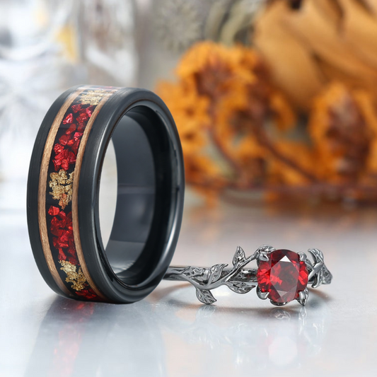 Solitaire Round Cut Natural Red Garnet Leaves Engagement Couples Rings Anniversary Wedding Band
