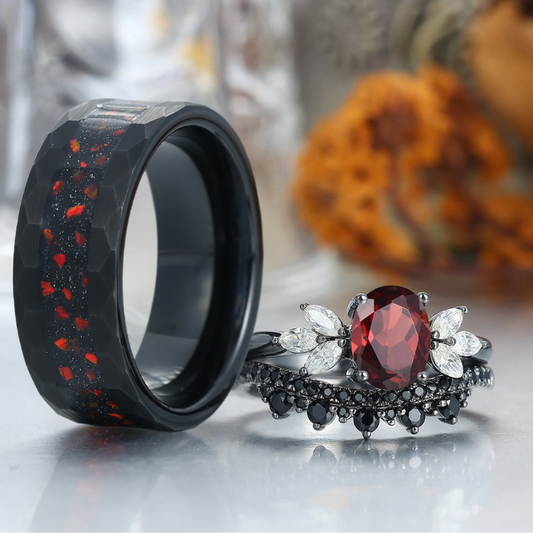 Vintage Oval Red Garnet Couples Ring Set His and Hers Hammered Tungsten Wedding Band