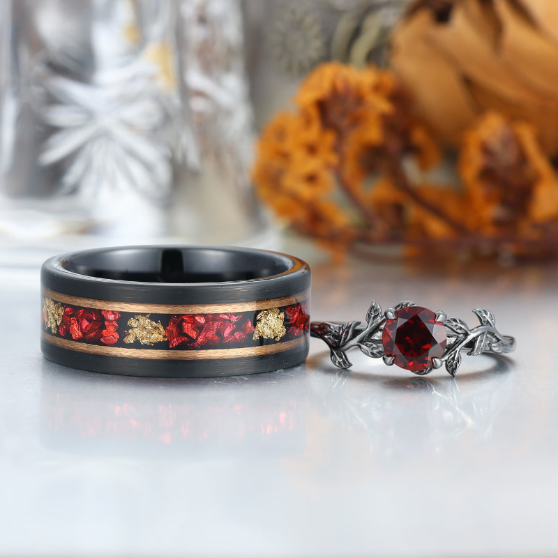 Solitaire Round Cut Natural Red Garnet Leaves Engagement Couples Rings Anniversary Wedding Band