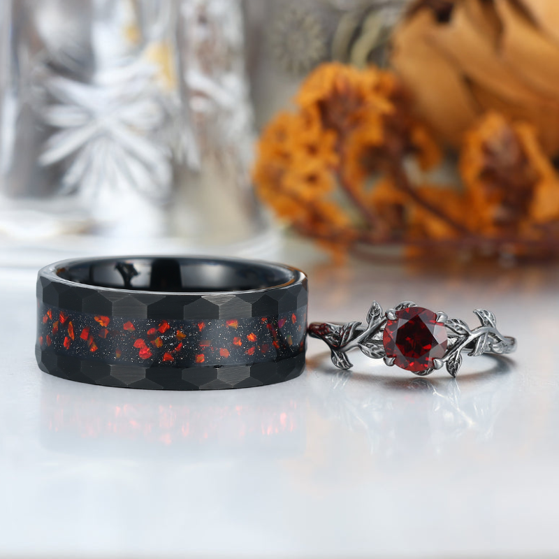 Minimalist 0.8CT Round Cut Natural Red Garnet Leaves Engagement Couples Ring S925 And Tungsten Rings