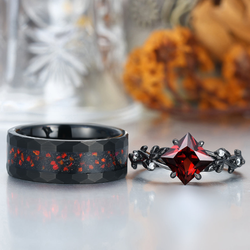Unique Red Garnet Leaf-inspired Engagement Rings For Couples Modern  Anniversary Wedding Band