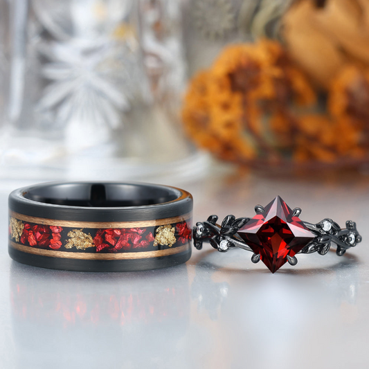 2CT Princess Cut Red Garnet Twig Engagement Couple Rings Tunsten Birthday Anniversary Ring