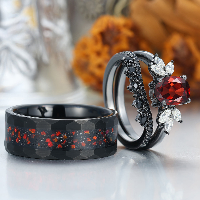 Vintage Oval Red Garnet Couples Ring Set His and Hers Hammered Tungsten Wedding Band