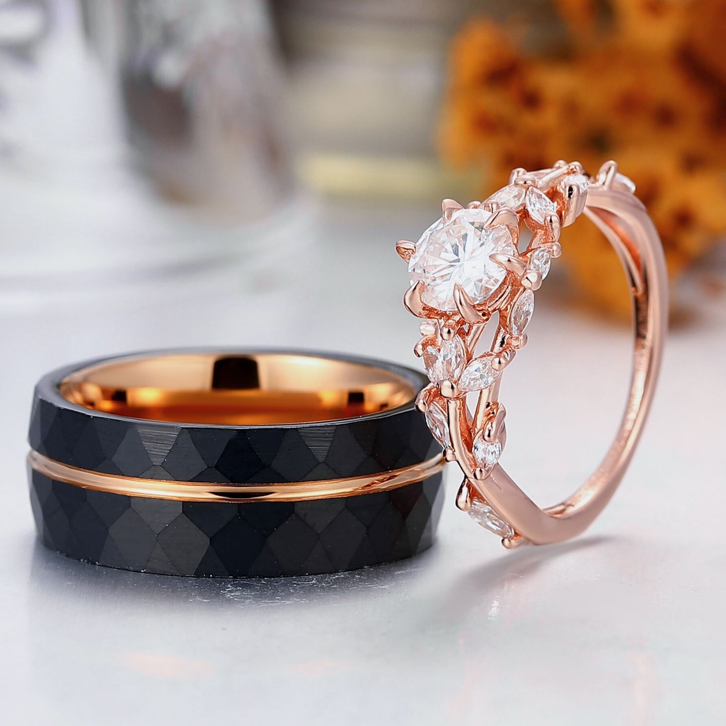Elegant Moissanite Branch Couple Rings Stylish Tungsten Ring His and Hers Moissanite Ring Set