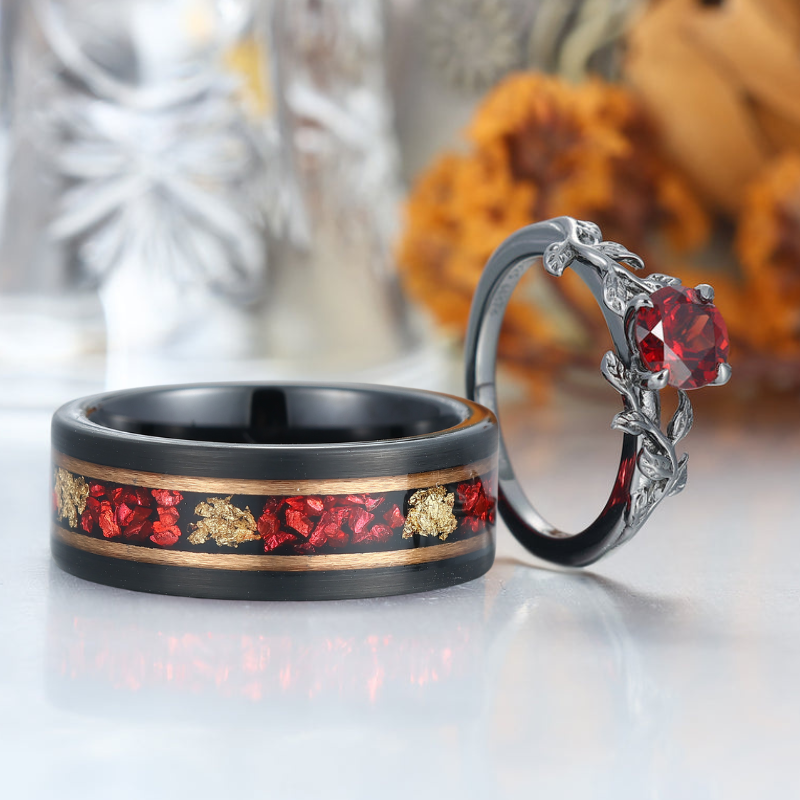 Solitaire Round Cut Natural Red Garnet Leaves Engagement Couples Rings Anniversary Wedding Band