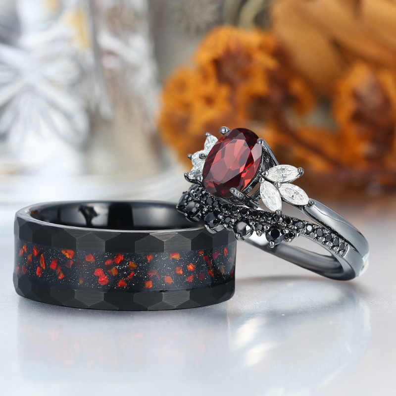 Vintage Oval Red Garnet Couples Ring Set His and Hers Hammered Tungsten Wedding Band