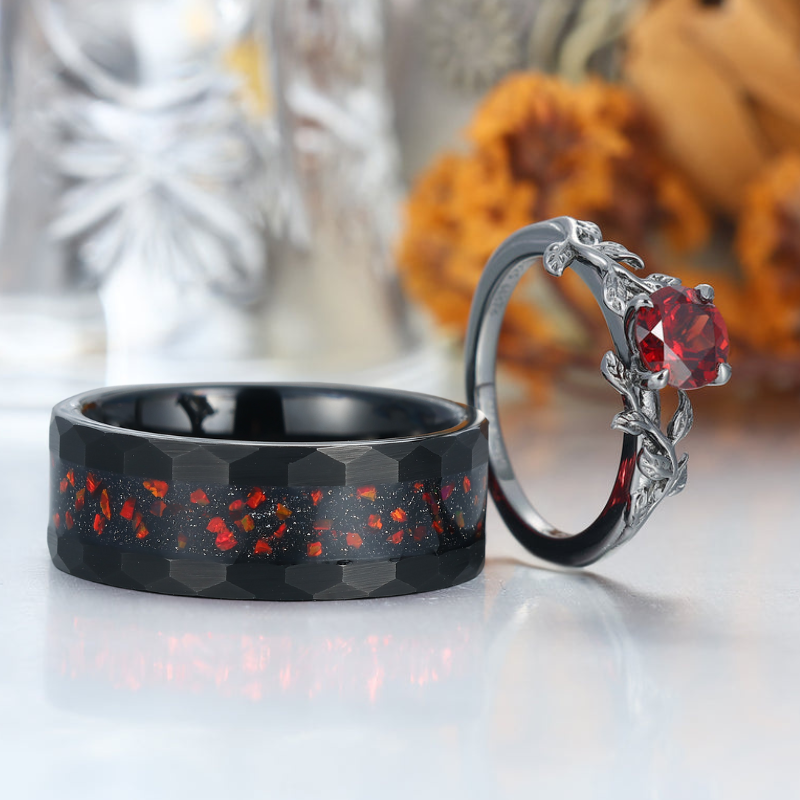 Minimalist 0.8CT Round Cut Natural Red Garnet Leaves Engagement Couples Ring S925 And Tungsten Rings