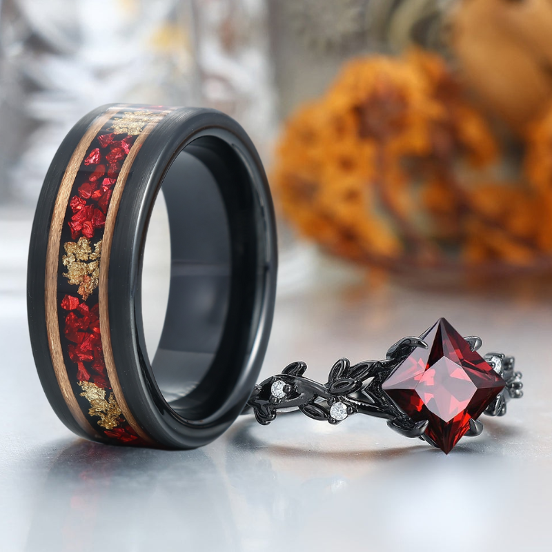 2CT Princess Cut Red Garnet Twig Engagement Couple Rings Tunsten Birthday Anniversary Ring