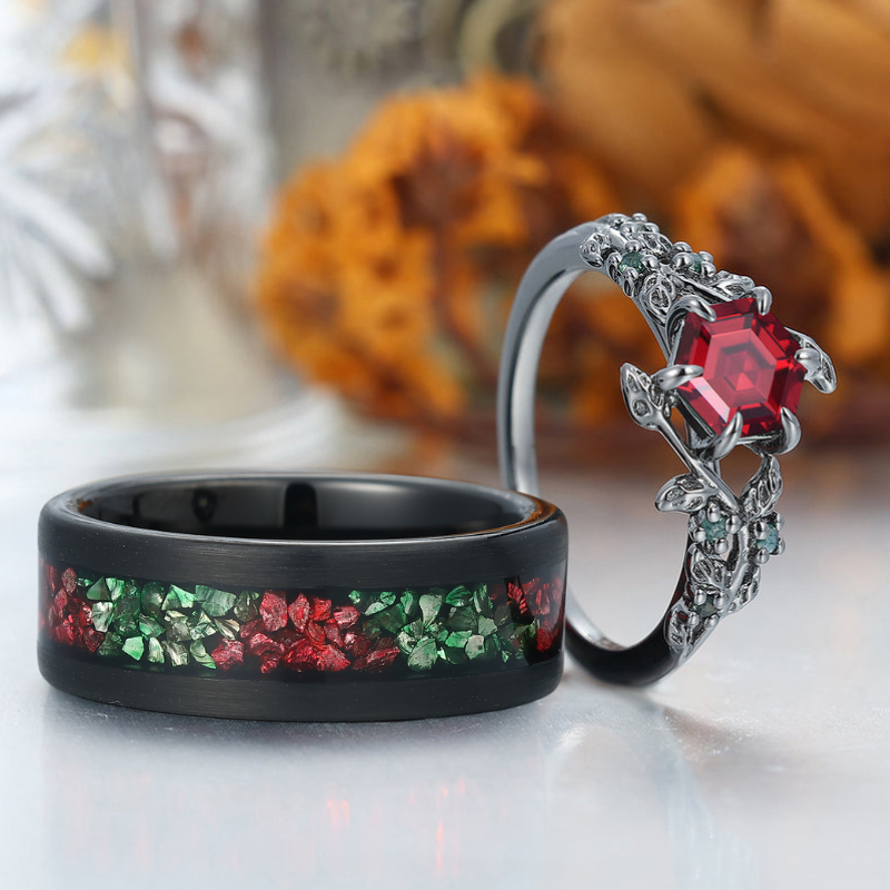 Unique Red Garnet Leaf Design Engagement Couple Rings Red And Green His and Hers Wedding Band