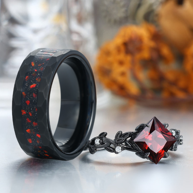 Unique Red Garnet Leaf-inspired Engagement Rings For Couples Modern  Anniversary Wedding Band