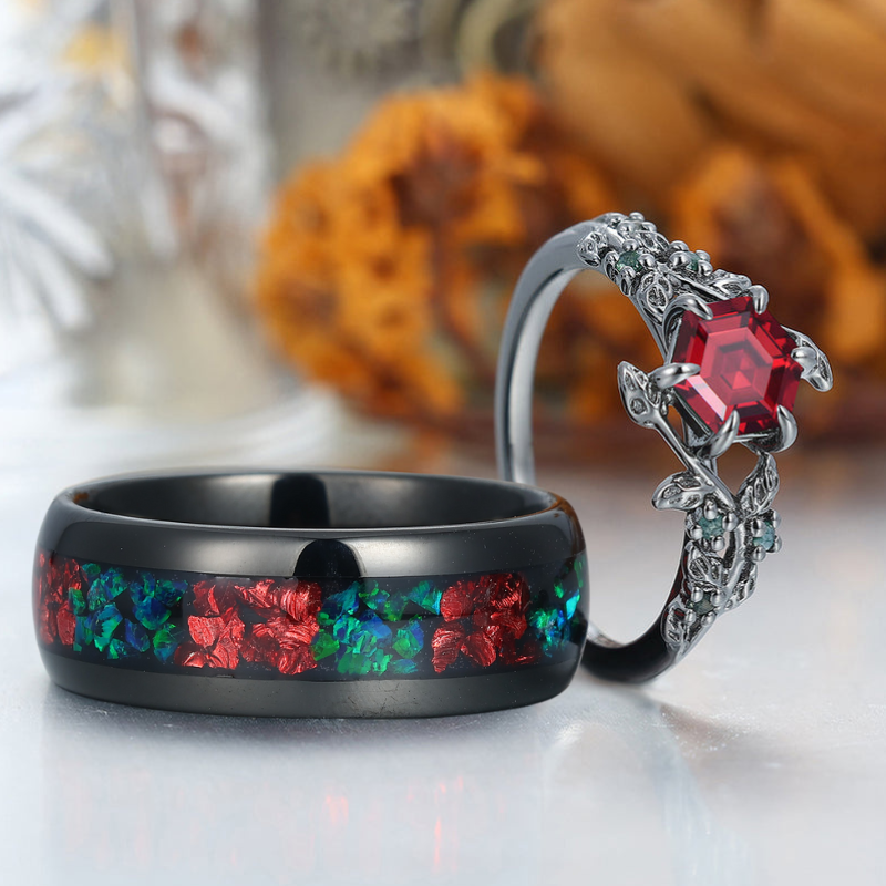 Art Deco Red Garnet 925 Sterling Silver And Tungsten Matching Ring Unique Couple Rings