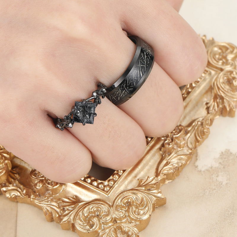 Unique Black Rutilated Quartz Sprig Engagement Couple Rings Promise His And Hers Wedding Band
