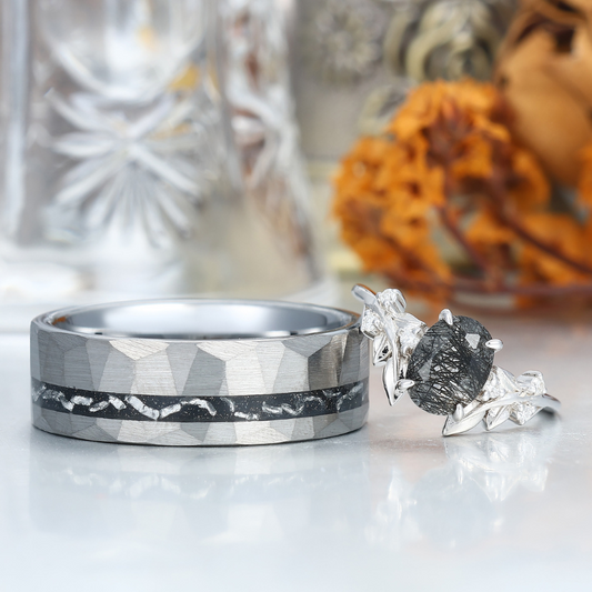 Dainty Black Rutilated Quartz Leaf Couples Ring Meteorite Tungsten Matching Ring