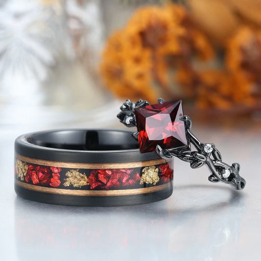 2CT Princess Cut Red Garnet Twig Engagement Couple Rings Tunsten Birthday Anniversary Ring