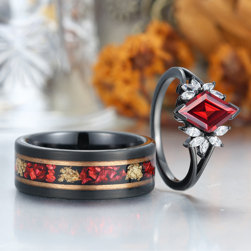Delicate Red Garnet Petal Engagement Couple Rings Matching Promise Red Tungsten Wedding Band