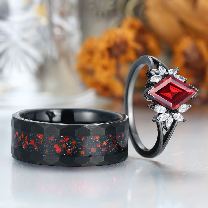Noble Red Garnet Cluster Engagement Rings For Couples Unique His And Hers Wedding Bands