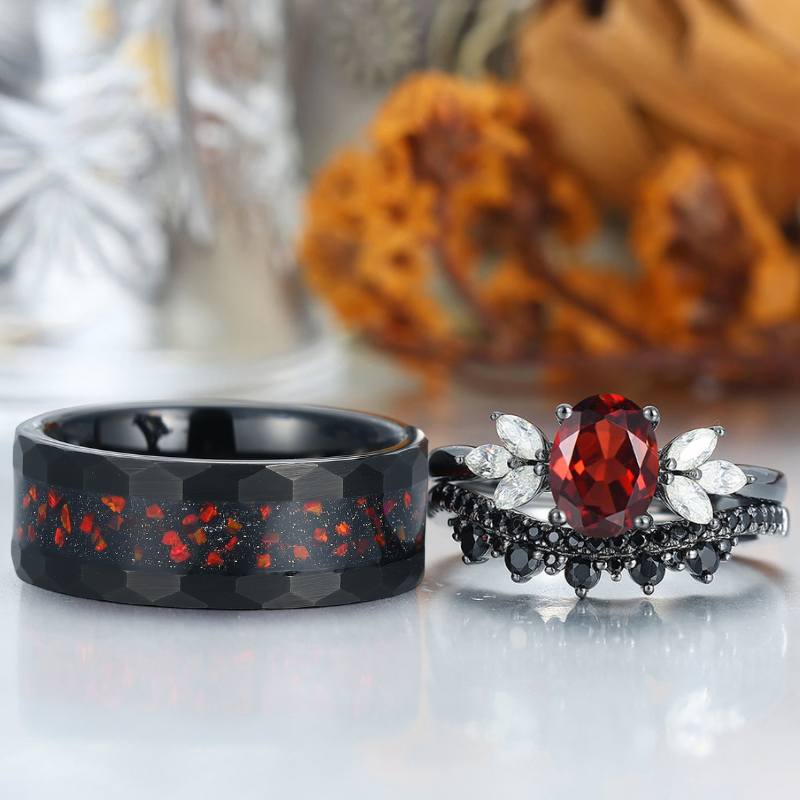 Vintage Oval Red Garnet Couples Ring Set His and Hers Hammered Tungsten Wedding Band