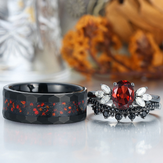 Vintage Oval Red Garnet Couples Ring Set His and Hers Hammered Tungsten Wedding Band