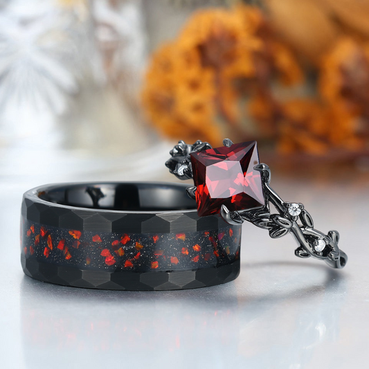 Unique Red Garnet Leaf-inspired Engagement Rings For Couples Modern  Anniversary Wedding Band