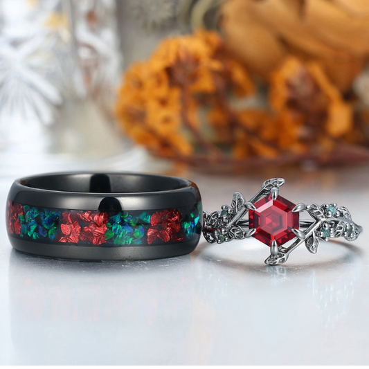 Art Deco Red Garnet 925 Sterling Silver And Tungsten Matching Ring Unique Couple Rings