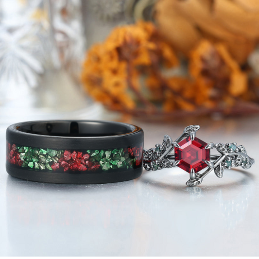 Unique Red Garnet Leaf Design Engagement Couple Rings Red And Green His and Hers Wedding Band