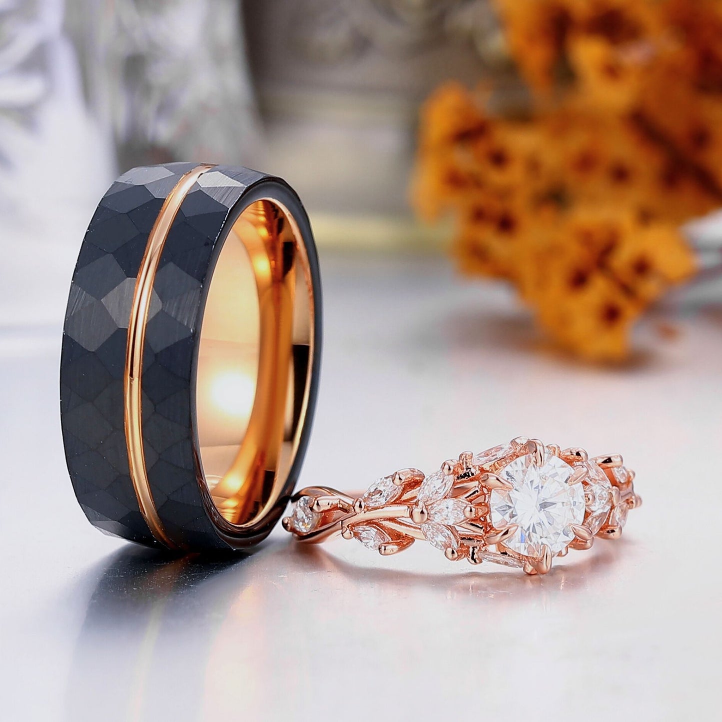 Elegant Moissanite Branch Couple Rings Stylish Tungsten Ring His and Hers Moissanite Ring Set