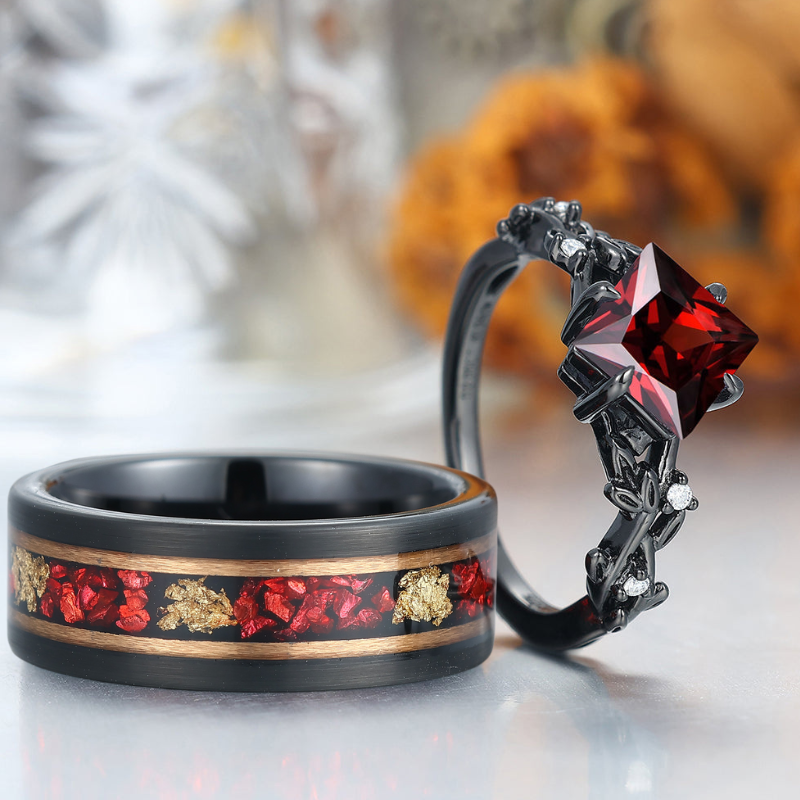 2CT Princess Cut Red Garnet Twig Engagement Couple Rings Tunsten Birthday Anniversary Ring