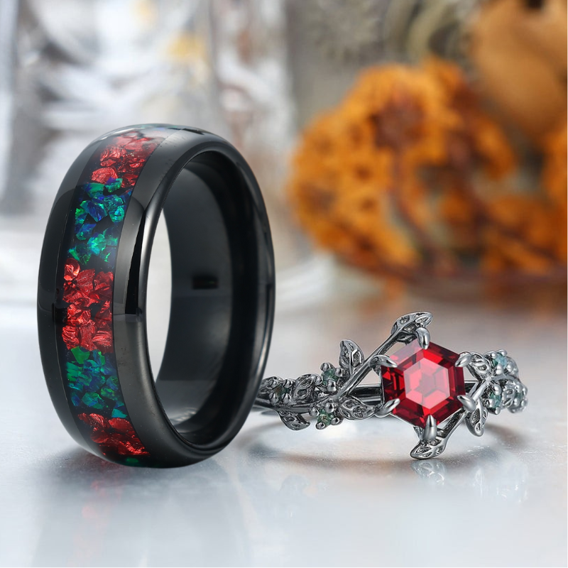 Art Deco Red Garnet 925 Sterling Silver And Tungsten Matching Ring Unique Couple Rings