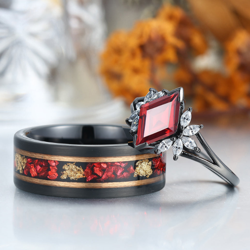 Delicate Red Garnet Petal Engagement Couple Rings Matching Promise Red Tungsten Wedding Band