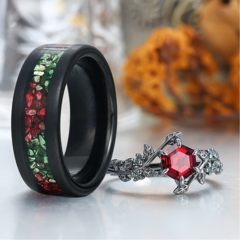 Unique Red Garnet Leaf Design Engagement Couple Rings Red And Green His and Hers Wedding Band