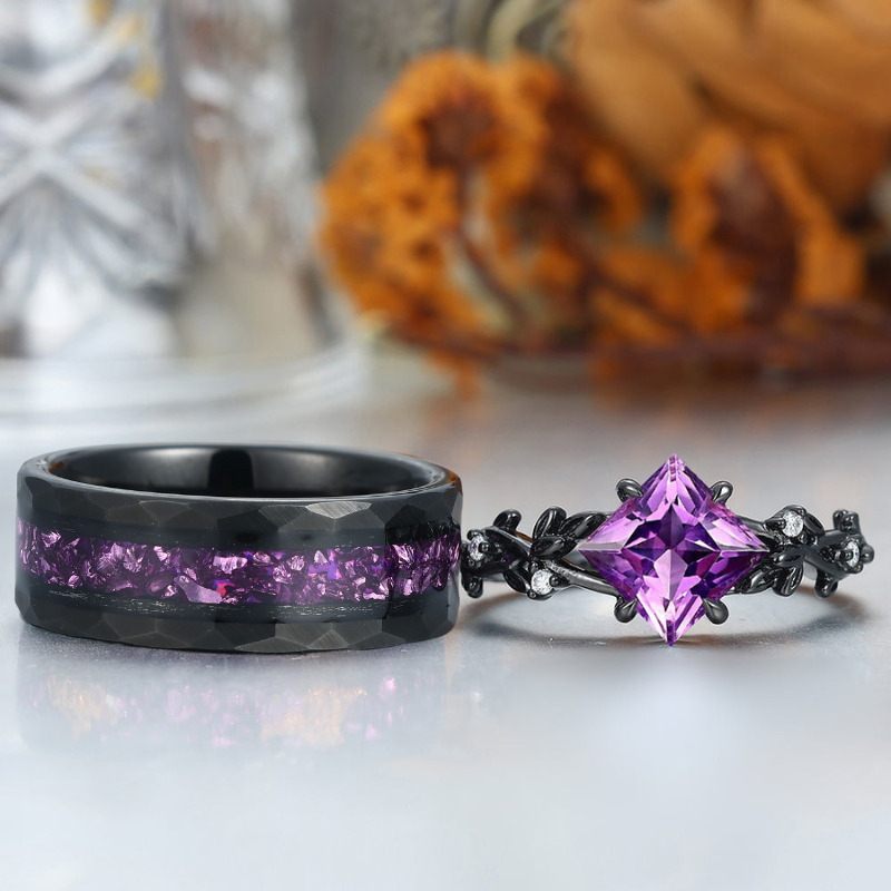 Exquisite Natural Amethyst Leaves Engagement Couple Rings S925 And Tungsten Wedding Bands
