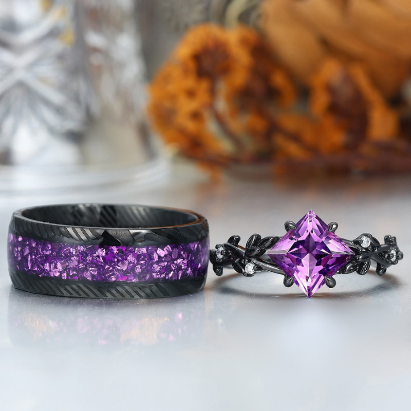 Princess Cut Natural Amethyst Leaf Engagement Couples Ring Set Anniversary Wedding Band