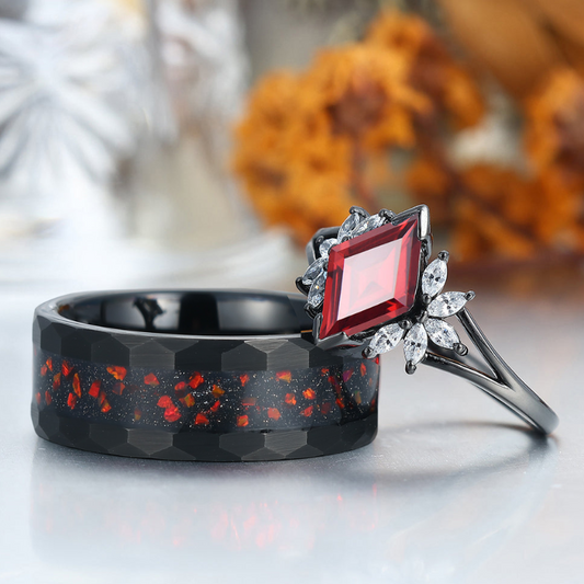 Noble Red Garnet Cluster Engagement Rings For Couples Unique His And Hers Wedding Bands