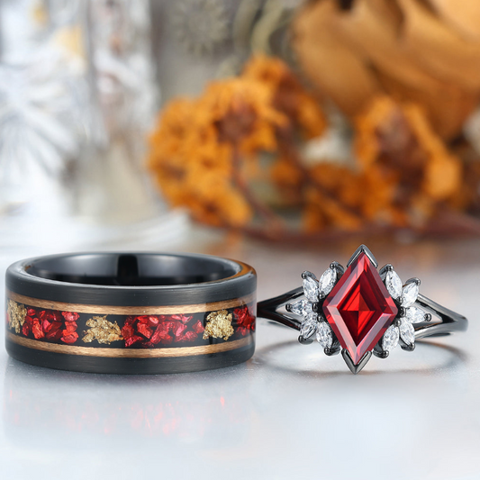 Delicate Red Garnet Petal Engagement Couple Rings Matching Promise Red Tungsten Wedding Band
