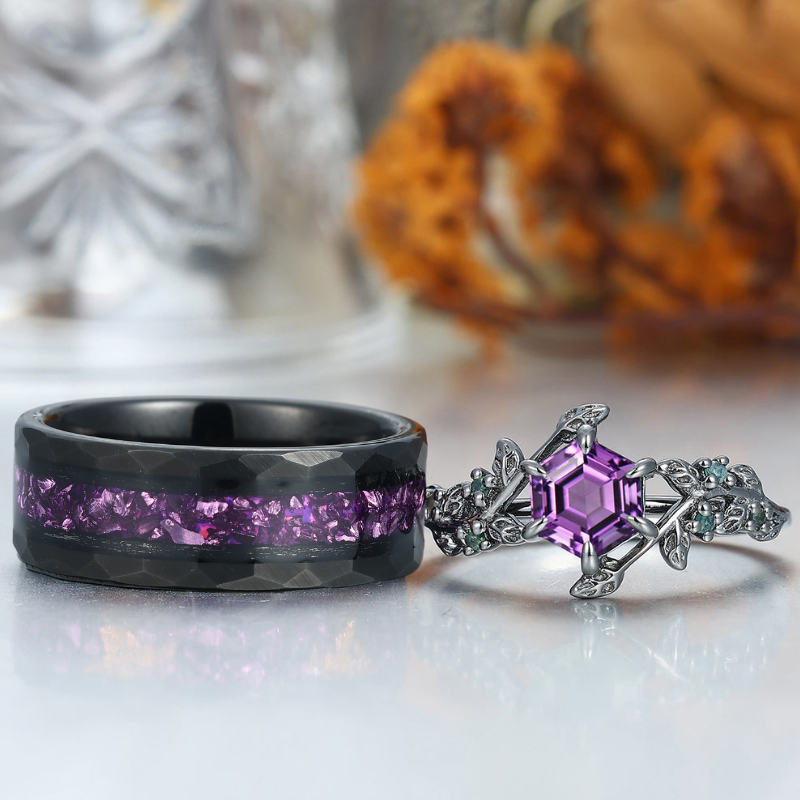 Personalized Natural Amethyst Leaves His And Hers Wedding Bands Matching Purple Tungsten Rings