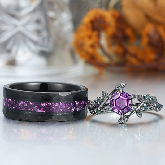 Personalized Natural Amethyst Leaves His And Hers Wedding Bands Matching Purple Tungsten Rings