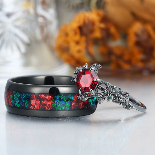 Art Deco Red Garnet 925 Sterling Silver And Tungsten Matching Ring Unique Couple Rings