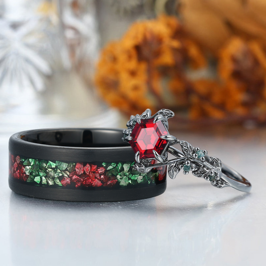 Unique Red Garnet Leaf Design Engagement Couple Rings Red And Green His and Hers Wedding Band