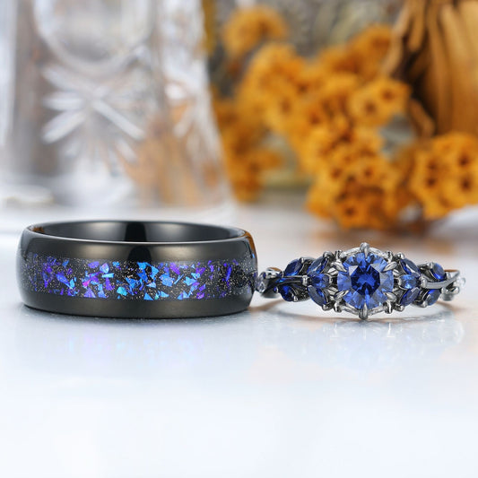 Unique Sapphire Sprigs His And Hers Matching Ring Blue Polished Dome Tungsten Rings For Couples