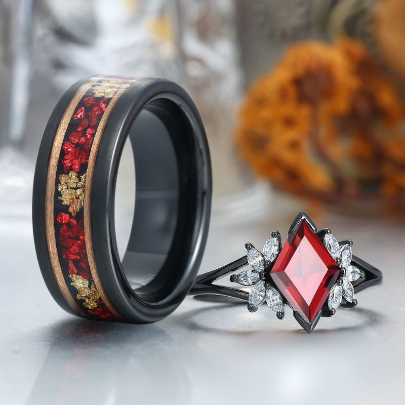 Delicate Red Garnet Petal Engagement Couple Rings Matching Promise Red Tungsten Wedding Band