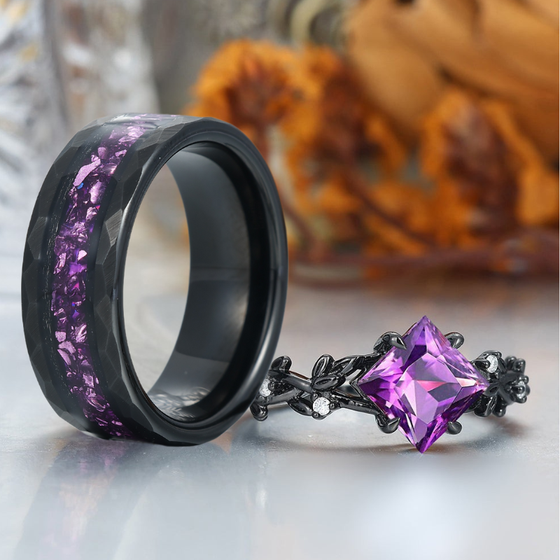 Exquisite Natural Amethyst Leaves Engagement Couple Rings S925 And Tungsten Wedding Bands
