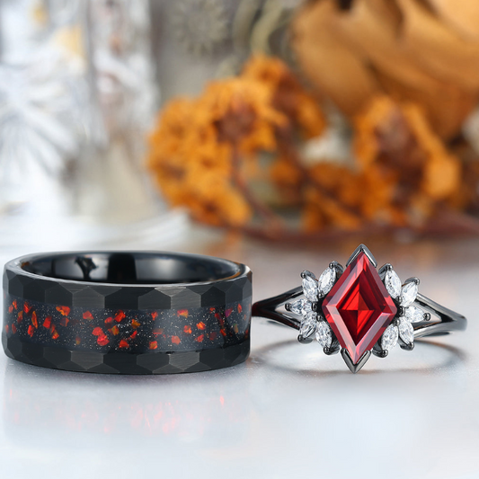 Noble Red Garnet Cluster Engagement Rings For Couples Unique His And Hers Wedding Bands