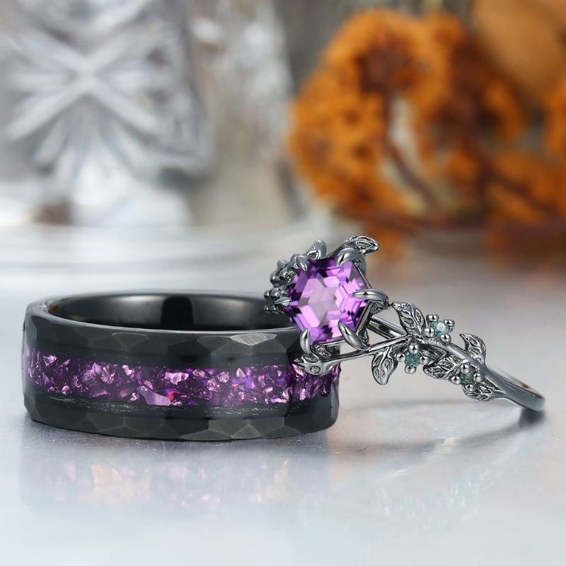 Personalized Natural Amethyst Leaves His And Hers Wedding Bands Matching Purple Tungsten Rings