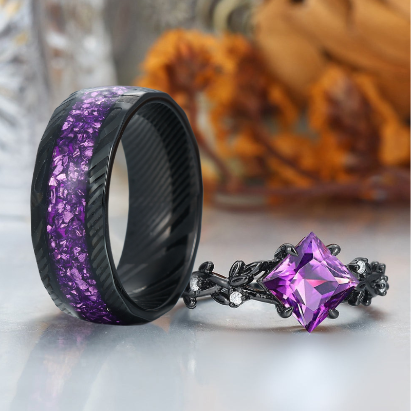 Princess Cut Natural Amethyst Leaf Engagement Couples Ring Set Anniversary Wedding Band